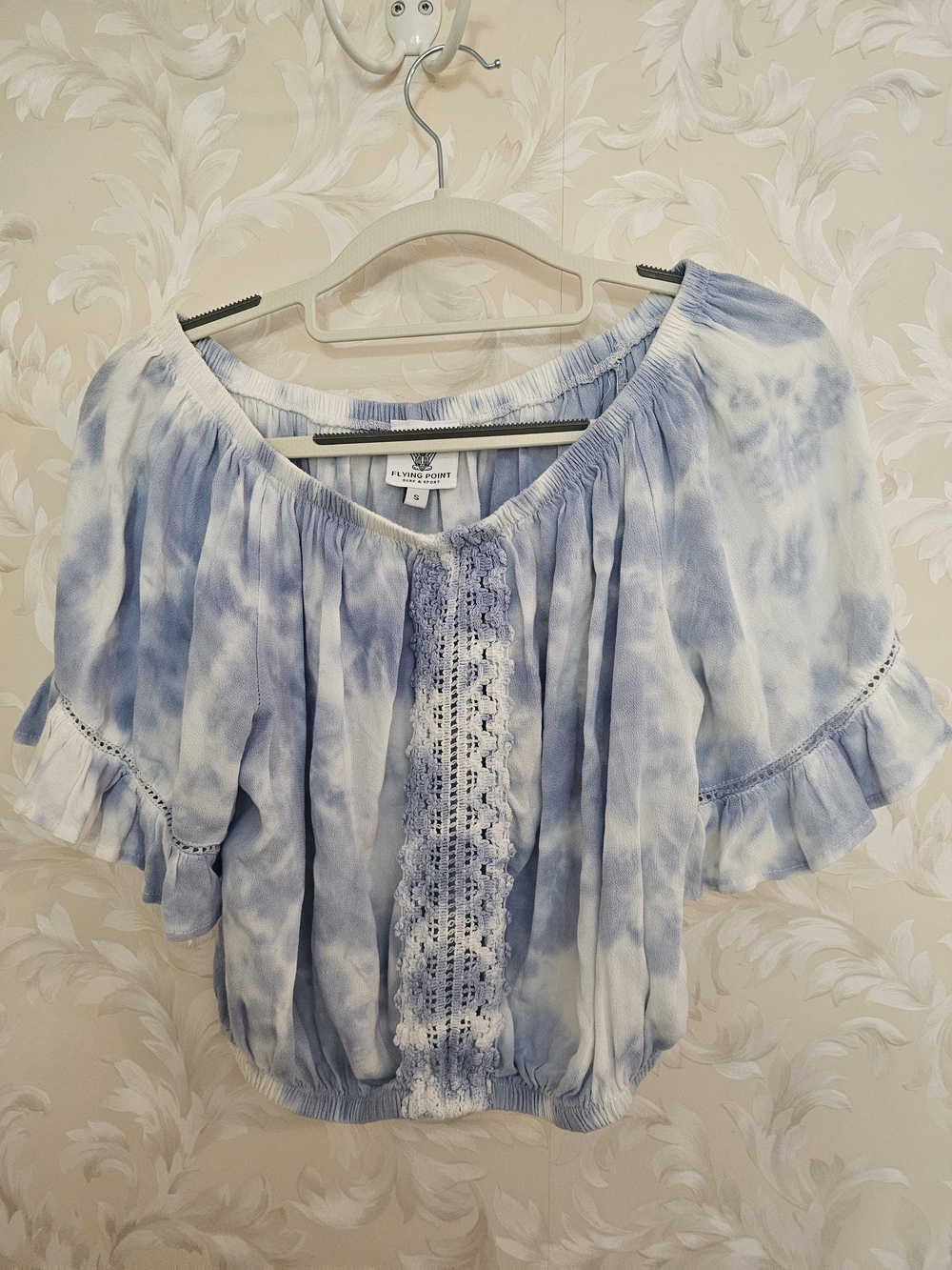 Light Blue Tie-Dye Cropped Peasant Top